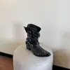 Botas de Caballero para Mujer 2026 Primavera/Verano Nuevo Estilo Estilo Británico Punta Cuadrada Tacón Grueso Botines Remachados en el Tobillo Botas Vaqueras Occidentales