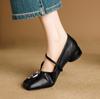 Sapatos Femininos para Pés Largos e Quadrados, Novo Versátil para Quatro Estações, Fivela Redonda de Metal, Boca Rasa, Salto Grosso, Sapatos de Pele de Ovelha