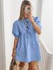 Vestido de Verano 2026 Versátil de Color Sólido con Cinturón y Corte A para Mujer Moda Manga Abullonada Vestido Corto Ropa Europea y Americana para Mujer
