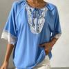 Comércio exterior transfronteiriço Novo estilo étnico europeu e americano feminino de verão, gola redonda, costura de renda, blusa solta de manga curta