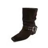 Botas curtas fashion estilo britânico com franzidos de 3,5 cm, novo modelo outono e inverno 2026, bico quadrado, salto grosso, botas western com fivela para mulheres