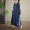 Vestido Longo Estampado Estilo Artístico Novo Primavera e Outono, Gola Redonda, Tamanho Grande Feminino, Algodão Puro, Vestido Longo