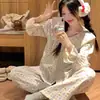 Pijama Coreano Nuevo Estilo Rojo Pequeño Floral de Manga Larga para Mujer Primavera y Otoño Algodón Nube Nuevo Holgado Encaje Conjunto de Ropa para el Hogar