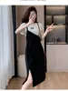 Vestido falso de dos piezas estilo francés para mujer, verano, elegante y a la moda, disimula el abdomen, adelgazante, casual, vestido largo con abertura