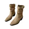 Botas vaqueras occidentales retro de ante para mujer 2026 Otoño, Botines ajustados de punta fina con tacón fino, hebilla de cinturón y fruncidos