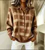 Estação Independente Amazon Transfronteiriça Europeia e Americana Camisa Feminina Casual Solta de Xadrez com Lapela Suéter de Tricô Cardigan Jaqueta