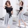 Leite de mamão verão nova chegada estilo coreano elegante vestido apertado cintura emagrecendo costura de malha elegante A- linha vestido feminino na moda