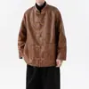 Nueva Chaqueta Retro de Cuero PU con Botones Estilo Chino para Hombre, Tallas Grandes de Moda Chaqueta Traje Zhongshan Tang Estilo Chino con Cuello Alto