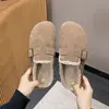 Pantuflas peludas estilo Birkenstock para mujer, para usar al aire libre en otoño/invierno, nuevo estilo 2026, de suela plana, forradas de polar, sin cordones, de punta cerrada, zapatillas de algodón de cobertura media