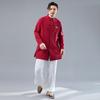 Coleção Outono 2026: Camisa Masculina Yunqiu Estilo Chinês Retrô com Gola Alta de Botão, Bordado de Algodão e Linho, Comprimento Médio