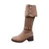 Botas de cano alto com fivela 2026 outono novo estilo fivela dupla simples botas femininas over-the-knee bico redondo salto grosso retrô botas Martin para mulheres