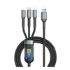 Cable de datos tres en uno de carga rápida de 100 W, pantalla digital, un cable para tres, con luz, carga flash transparente para línea de carga Apple Huawei