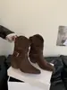 Primeiro Encontro Temporada Estilo Coreano Couro Camurça Fivela Botas Cowboy Ocidentais Femininas Outono/Inverno Estilo Peça Externa Fashionável Versátil Retrô Botas de Cano Médio