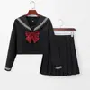 Nuevo Conjunto de Uniforme JK Marinero Negro de Tres Piezas para Mujer Manga Larga Lazo Rojo Ropa del Medio Estilo Básico Atuendo Coreano de Chica Dulce