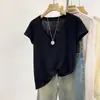 Camisa Base Elegante com Decote V Verão 2026 Estilo Coreano Cor Sólida Top Fino Algodão Linho Floco de Neve Camiseta Solta de Manga Curta