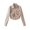 Camisa plisada con solapa pequeña de estilo europeo y americano para mujer, nueva camiseta de cuello polo de color liso, primavera y otoño