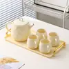 Juego de Agua Doméstico de Lujo Ligero con Bandeja, Juego de Tazas de Cerámica, Juego Familiar de Gama Alta, Taza de Té para Sala de Estar, Juego de Té, Tetera de Flores