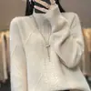 Otoño e invierno 2023 Nuevo suéter 100% lana pura para mujer, casual, holgado, color liso, cuello semi alto, tejido trenzado, suéter base