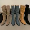 Botas de Pelo Khaki Marrom Retrô Francês Botas de Cowboy Ocidental Botas Altas de Verão Botas Femininas Estilo Coreano Botas Respiráveis