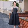 Leite de mamão verão nova moda elegante cintura apertada estilo chique costura falso duas peças francês retrô vestido moda