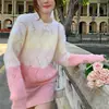 Suéter de punto grueso con cuello redondo de color arcoíris para mujer, estilo dulce, suave, perezoso, holgado, prenda exterior, suéter suave y ceroso