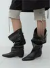 Versão em pele de ovelha Bico fino britânico Salto escondido Botas femininas Botas de cavaleiro Cano médio-alto feminino Botas longas Fivela de cinto Franzido plissado