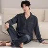 Pijamas de Algodón Puro de Venta Caliente para Hombre Primavera y Otoño Conjunto de Moda Casual Simple Holgado Talla Grande Solapa Manga Larga Ropa de Casa