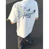 Camiseta de Algodão Puro com Bordado de Borboleta Floral Azul para Meninos Verão Tendência Marca Estilo Retro Americano Estilo Casal Meia-Manga Tendência