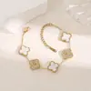 Pulsera de Trébol de la Suerte de Doble Cara de Nácar Versión Coreana para Mujer, Estilo Ins de Moda de Lujo Ligero, Pulsera sin Decoloración con Diamantes