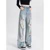 Calça Jeans Wide Leg Rasgada Estilo Americano para Mulheres, Nova Primavera/Verão Cintura Alta Plus Size Modelagem Solta Emagrecedora Perna Reta Comprimento Total