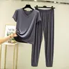 Conjunto de calça e blusa de modal com decote em V e manga curta de cintura alta, novo modelo de verão, estilo coreano, conjunto solto simples para ficar em casa, duas peças