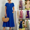 Todos los colores y tamaños disponibles, Vestido largo casual de color sólido con cuello redondo y manga corta, Hecho de tela de crepé de seda helada, Transfronterizo para Amazon Europa y América