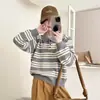 Suéter a rayas para mujer, adecuado para otoño, se puede usar como capa exterior o interior, con cuello polo, tejido, bloques de color, top de manga larga para figuras petite, gris, talla única