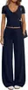 Conjunto de camiseta de cor sólida com decote V slim fit + calça reta de cintura alta com perna larga, conjunto casual de duas peças feminino elástico