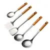 Conjunto de Utensílios de Cozinha de Aço Inoxidável com Acabamento de Madeira Espátula Espátula de Fritar Concha Colher Escumadeira Colher de Arroz Ferramentas de Cozinha Suprimentos de Cozinha Domésticos