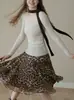 Falda Larga con Estampado de Leopardo Color Café para Mujer, Primavera y Verano, de Cintura Alta, Elegante, Línea A, Adelgazante, Casual, con Volantes, Midi