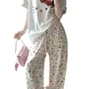 Pantalones Casuales de Dormir para Mujer Estilo Coreano Gato Kt Estilo Ins, Pantalones Rectos Casuales de Algodón Nube de Verano, Adecuados para Usar Afuera