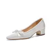 Sapatos Elegantes Estilo Francês com Laço, Boca Rasa, Salto Grosso 4cm Feminino, Nova Coleção Primavera e Outono, Retro, Estilo Chanel, Cetim, Luxo Leve, Salto Alto