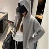 Cardigã de malha com capuz e textura de waffle para outono e inverno, feminino, curto, com zíper, caimento solto, adequado para uso diário e para ir ao trabalho
