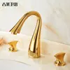 Lavabo de tres agujeros estilo europeo bajo encimera grifo de agua fría y caliente latón dorado lavabo lavabo lavabo grifo para lavabo
