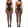 Body de encaje sexy para mujer Medias Body de malla transparente con tiras Negro Espalda con lazo Abertura en la entrepierna Body de malla con medias