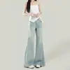 Jeans de tiro alto con microcampana para mujer, conscientes del diseño, estilo nuevo y moderno, azul claro, holgados, con caída, pantalones de herradura