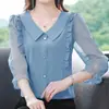Ropa de Moda para Mujer de Estilo Nuevo Coreano y Japonés, Blusa de Gasa de Manga Tres Cuartos con Bordes Fruncidos, Efecto Oculta el Vientre y Adelgazante