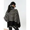 Outono e Inverno Europeu e Americano Novo Design Solto Nicho Listrado Gola Alta Tricô Feminino Versátil Tricô Tricotado Suéter Jaqueta