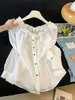 Camisa de design estilo coreano com babados, ombro a ombro, solta, de abotoamento simples para mulheres, top casual versátil de outono em branco