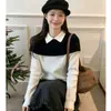 Top de punto de contraste en blanco y negro, estilo dos piezas falsas, con cuello camisero y manga larga para mujer, nueva camisa básica de otoño ajustada, elegante top blanco