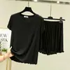 Conjunto de pijama de duas peças para mulheres, T-shirt modal com babados de manga curta estilo coreano e shorts largos, fino de verão tamanho grande para casa