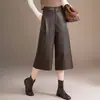 Pantalones de cuero, pantalones simples de pierna ancha cropped para mujer, nuevo estilo otoño 2026, fluidos, holgados, pantalones casuales versátiles, pantalones de pierna recta a la moda