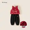 Roupa Infantil Bangxuan Conjunto de Ano Novo para Meninos Colete de Pelúcia Sem Mangas Calça Jogger Bordada Conjunto de Duas Peças para Crianças Traje Infantil