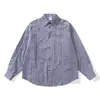Rumen Meng Academia Japonesa Estilo Tendencia Marca Camisa de Retazos con Dobladillo Crudo Rayada Hombres Otoño Holgada Moda Travieso Guapo Casual Camisa